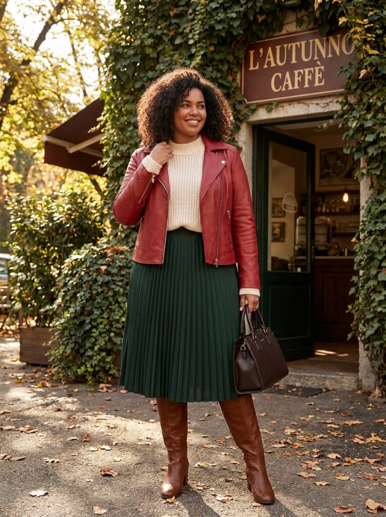 Red leather jacket with a cream sweater and pleated skirt