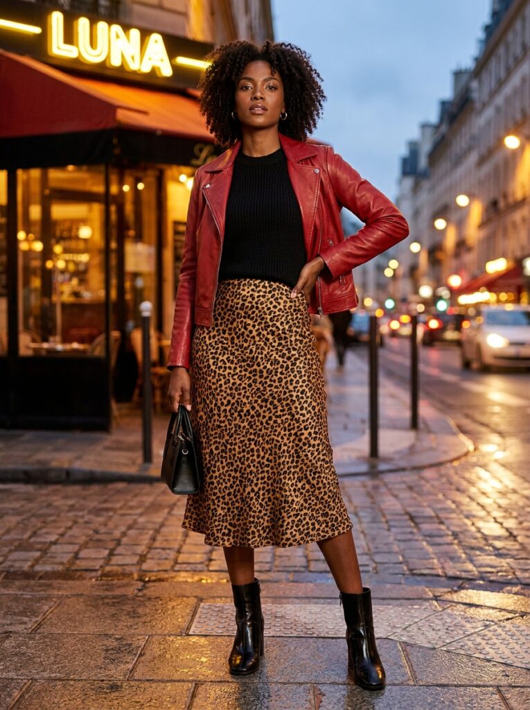 Red leather jacket with a leopard midi skirt and black boots