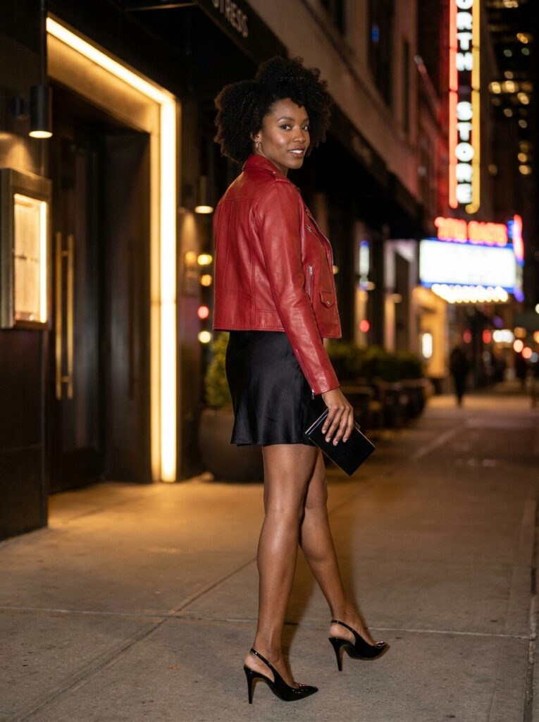 Red leather jacket over a little black dress and slingback heels