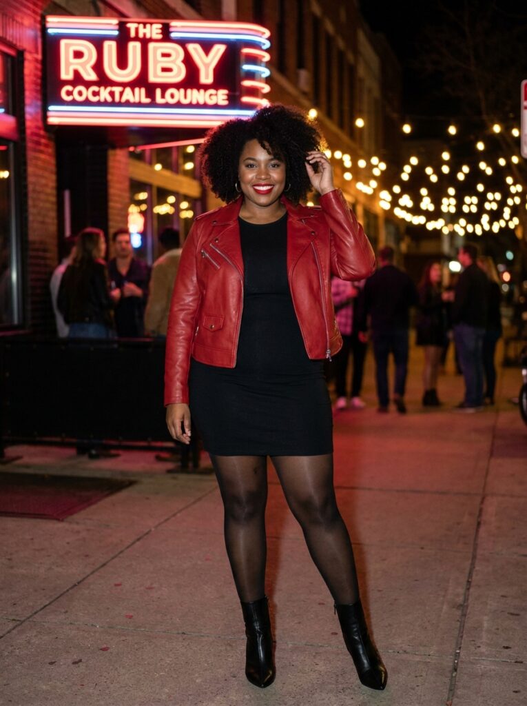 Red leather jacket with a black mini dress and sheer tights