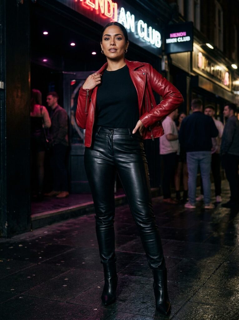 Red leather jacket with black leather trousers and ankle boots