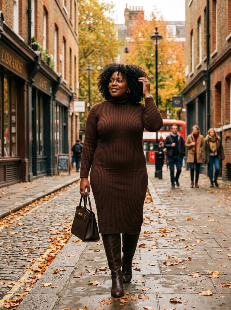 Chocolate brown sweater dress with knee-high boots