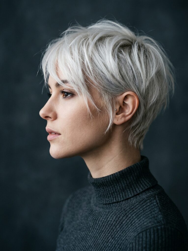 wispy platinum blonde pixie cut