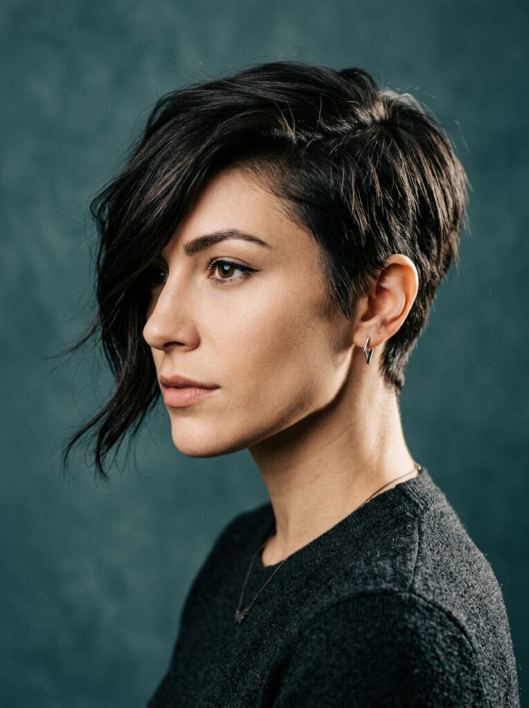 asymmetrical pixie cut with long fringe